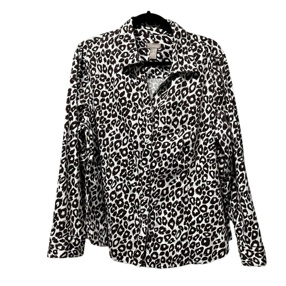 Chico’s size 3 dark brown white animal print button front long sleeve blouse